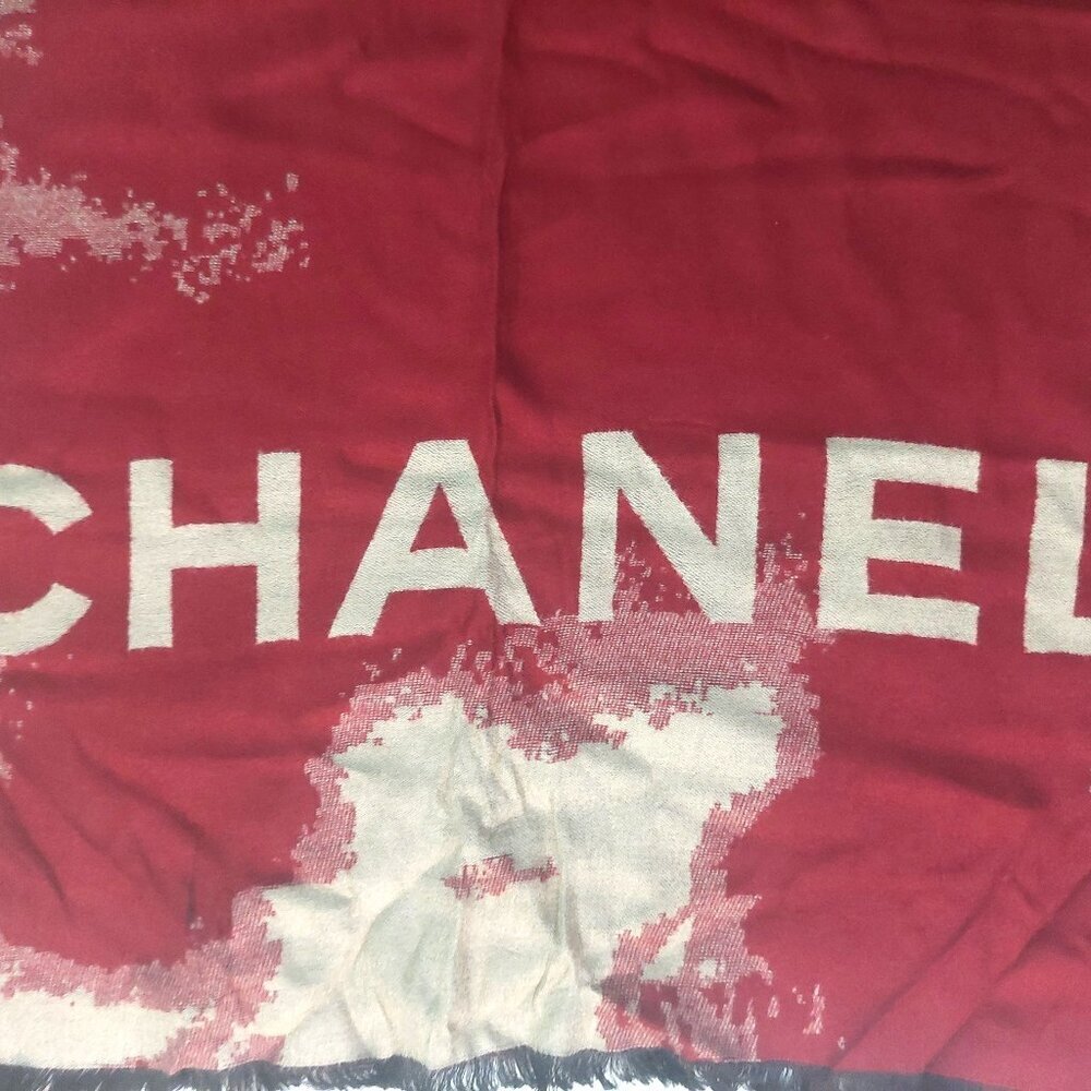Vintage Chanel Burgundy Red Cream Tie Dye Print Blanket Scarf Scarves Wrap - Picture 8 of 11